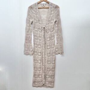 Crocheted Cardigan Duster Sweater, Cream/Off-White